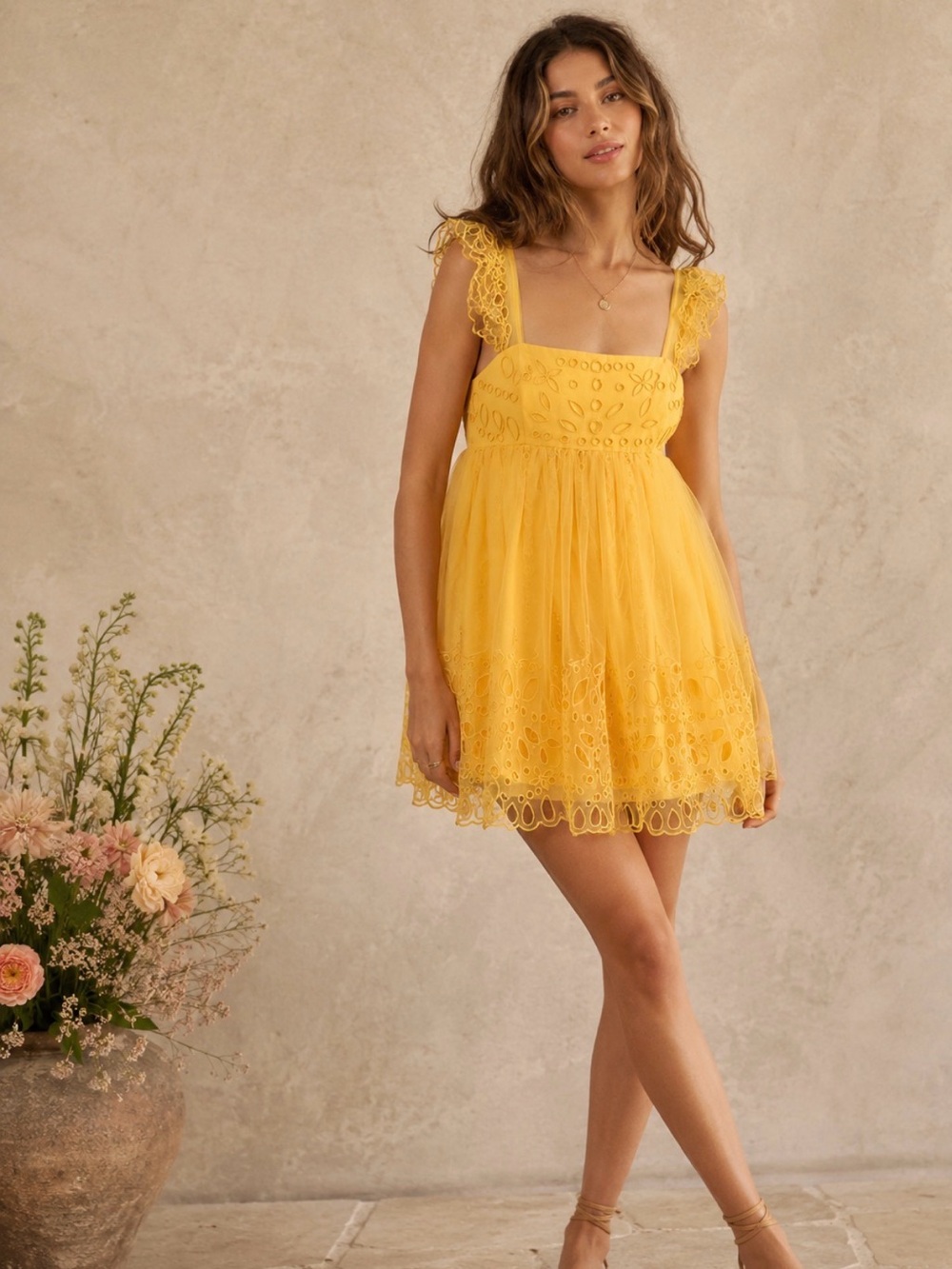 Anthropologie Let Me Be Yellow Eyelet Tulle Mini Dress Small NWT